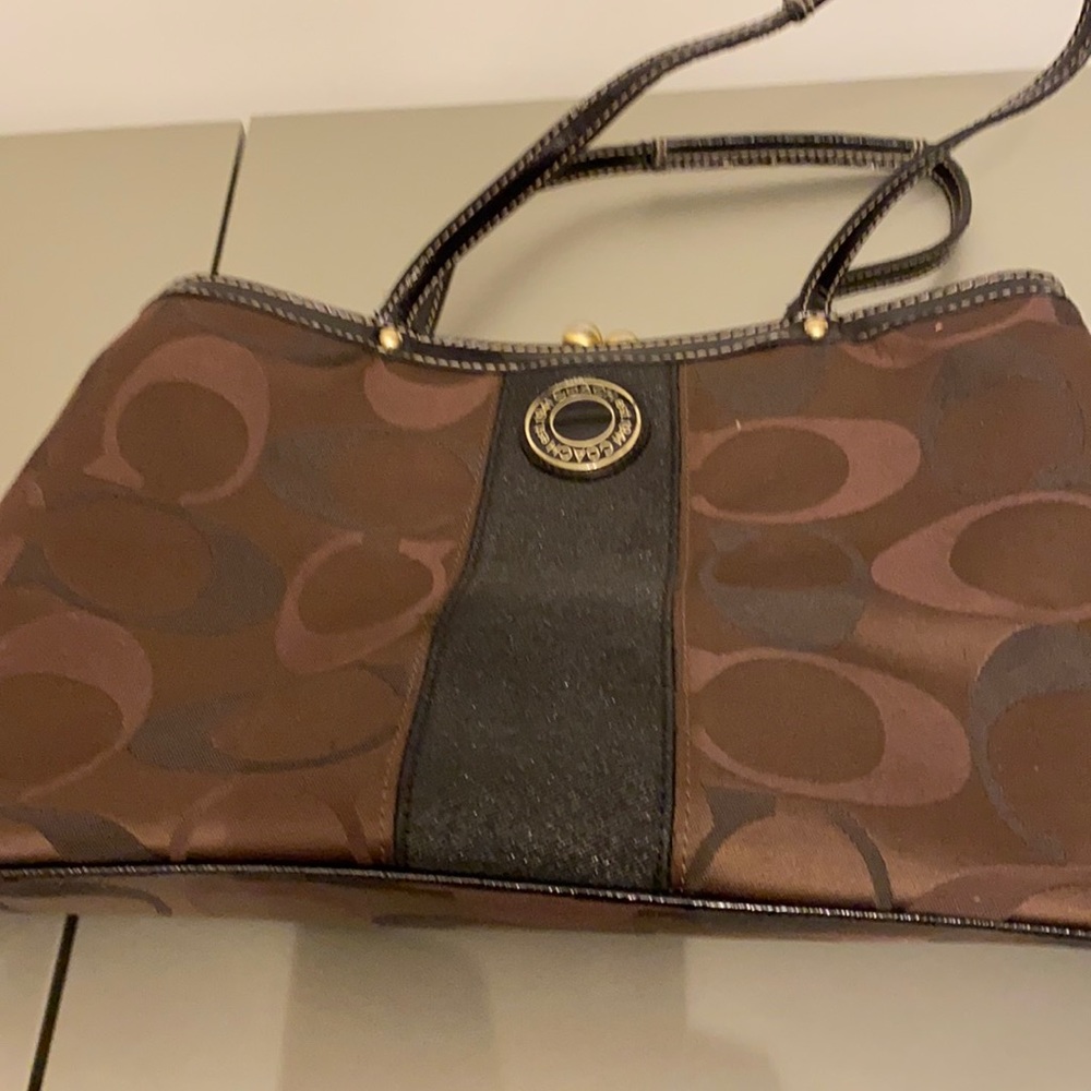 Coach brown satin striped Kiss lock purse